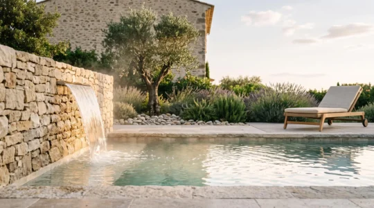 Lame d'eau en cascade au bord d'une piscine dans un jardin contemporain français au crépuscule