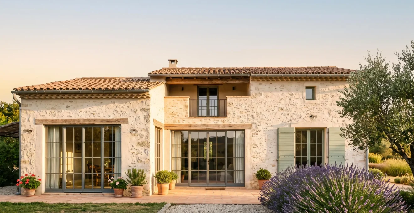 Façade sud d'une maison française baignée de lumière chaude du soleil, illustrant le captage solaire passif pour réduire le chauffage