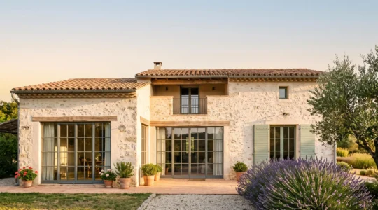 Façade sud d'une maison française baignée de lumière chaude du soleil, illustrant le captage solaire passif pour réduire le chauffage