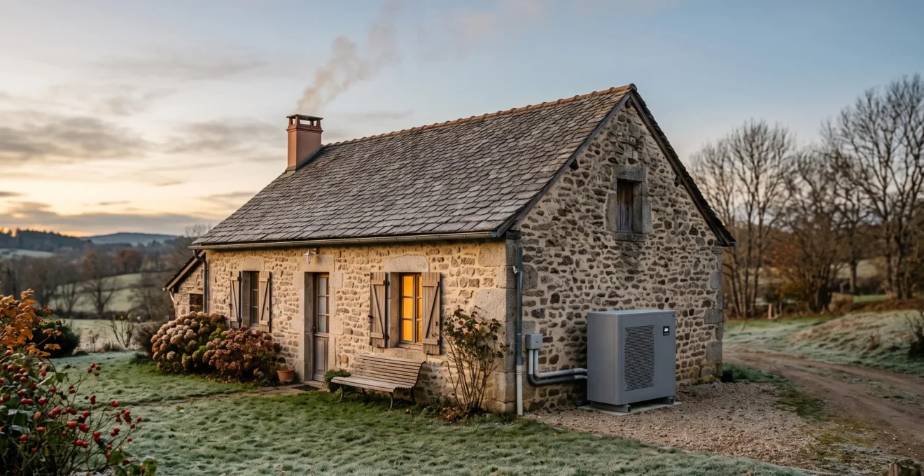 Maison individuelle française au crépuscule avec une pompe à chaleur discrète et un léger filet de fumée s'échappant d'un conduit, symbolisant le choix d'un chauffage écologique