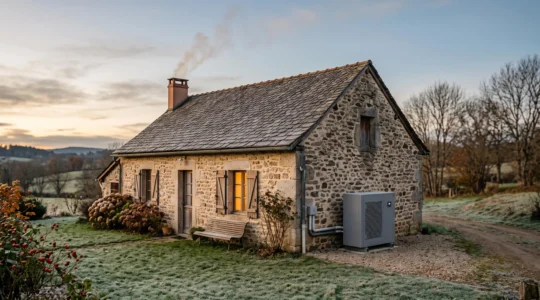Maison individuelle française au crépuscule avec une pompe à chaleur discrète et un léger filet de fumée s'échappant d'un conduit, symbolisant le choix d'un chauffage écologique