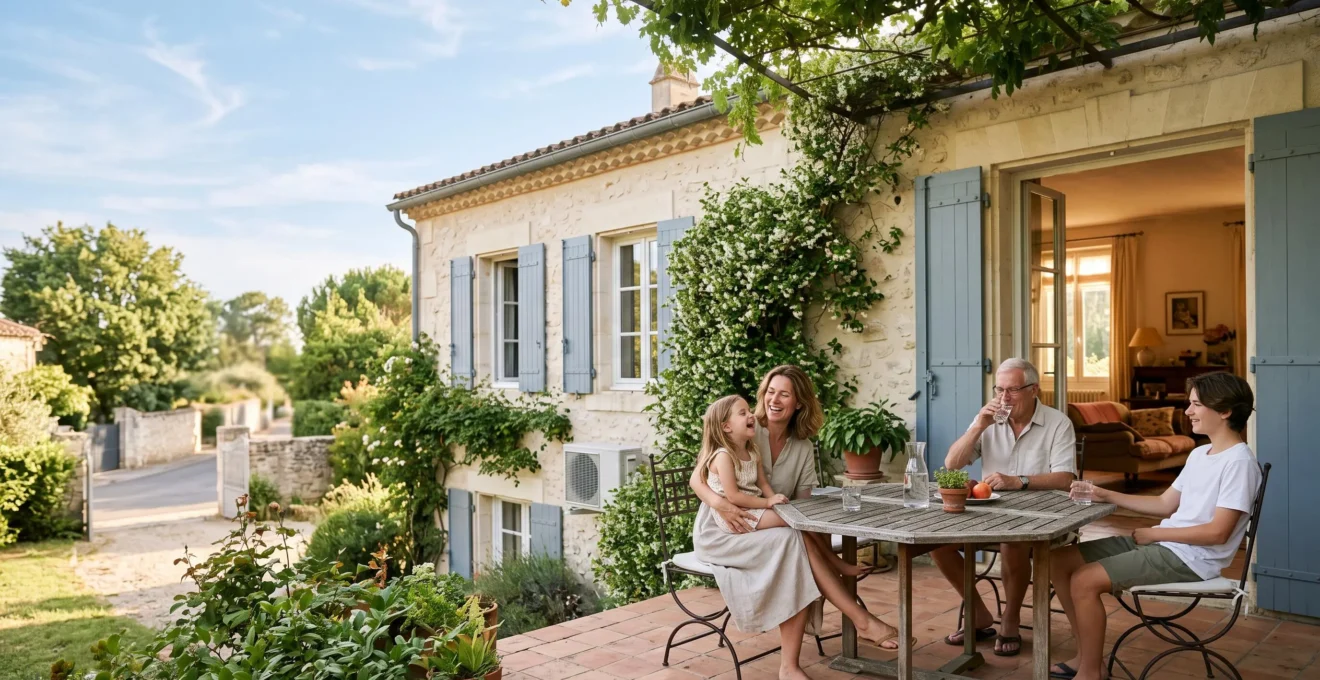Façade d'une maison française moderne avec unité de climatisation extérieure discrète, sous une chaleur estivale intense