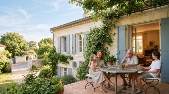 Façade d'une maison française moderne avec unité de climatisation extérieure discrète, sous une chaleur estivale intense