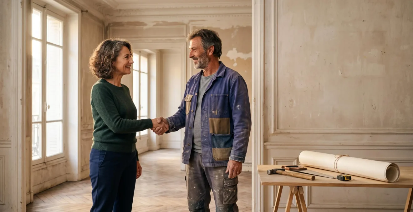 Un particulier et un artisan du bâtiment échangent une poignée de main devant un chantier de rénovation dans un appartement haussmannien en cours de travaux
