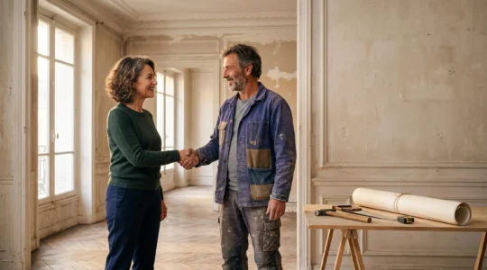 Un particulier et un artisan du bâtiment échangent une poignée de main devant un chantier de rénovation dans un appartement haussmannien en cours de travaux