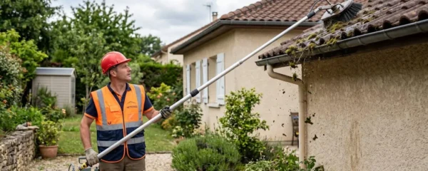 Propriétaire nettoyant une toiture depuis le sol avec une brosse rotative télescopique sur une maison résidentielle française