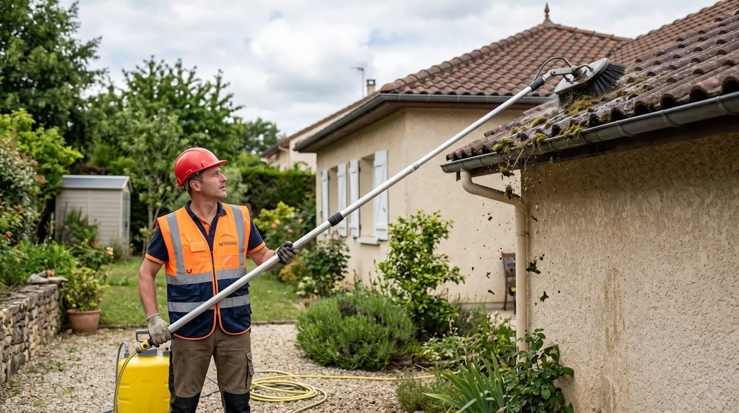 Propriétaire nettoyant une toiture depuis le sol avec une brosse rotative télescopique sur une maison résidentielle française