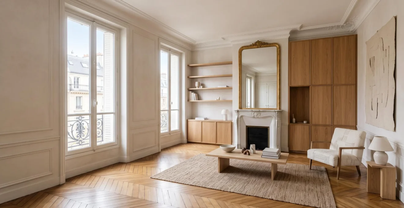 Salon lumineux et épuré dans un appartement haussmannien parisien, illustrant l'optimisation de l'espace intérieur