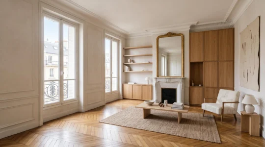 Salon lumineux et épuré dans un appartement haussmannien parisien, illustrant l'optimisation de l'espace intérieur