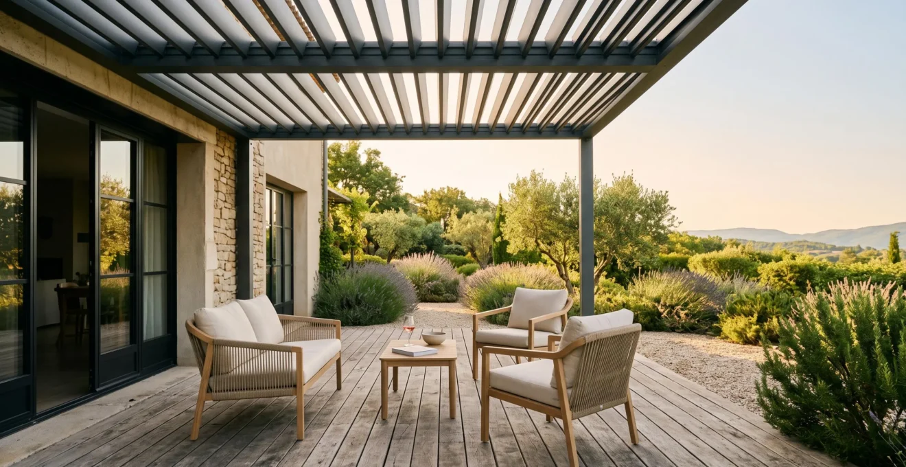 Terrasse française avec pergola bioclimatique à lames orientables ouvertes, laissant filtrer une lumière douce en fin de journée