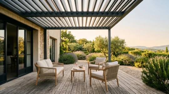 Terrasse française avec pergola bioclimatique à lames orientables ouvertes, laissant filtrer une lumière douce en fin de journée