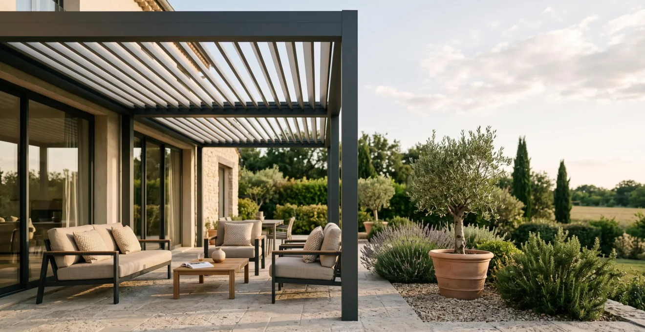 Terrasse avec pergola bioclimatique aux lames orientables, aménagée pour profiter de l'extérieur en toute saison