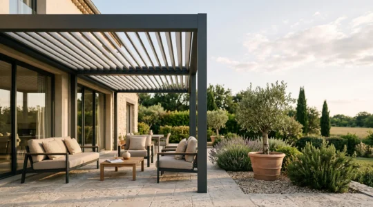Terrasse avec pergola bioclimatique aux lames orientables, aménagée pour profiter de l'extérieur en toute saison