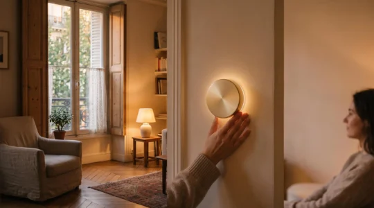 Main pilotant depuis un smartphone le chauffage, les volets et l'alarme d'une maison française moderne