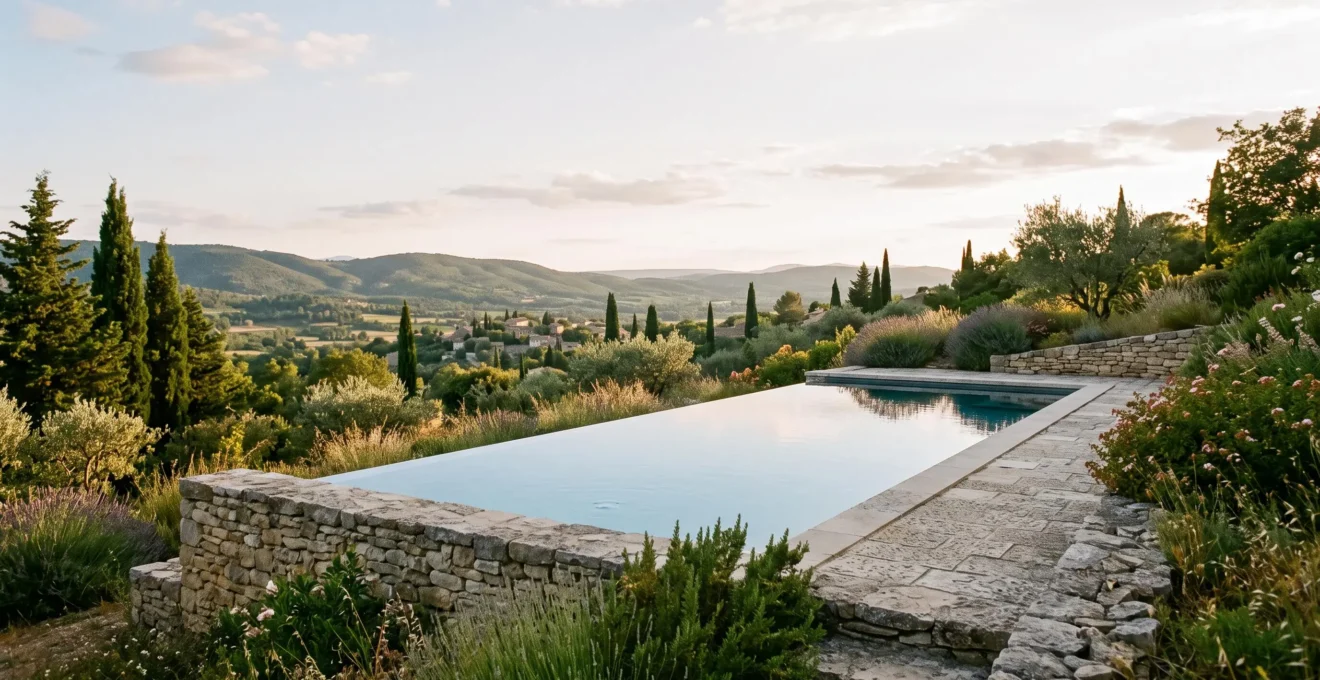 Piscine à débordement effet miroir surplombant un paysage vallonné du sud de la France au coucher du soleil