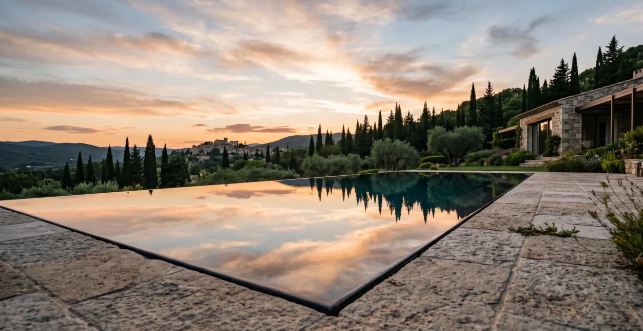 Piscine à débordement à effet miroir reflétant le ciel devant une villa contemporaine française