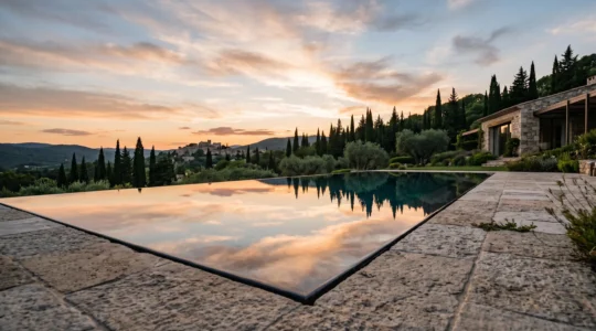 Piscine à débordement à effet miroir reflétant le ciel devant une villa contemporaine française