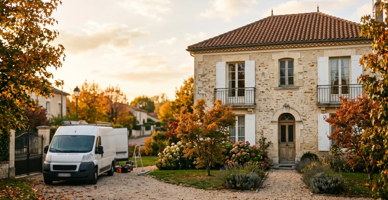 Maison individuelle française en fin d'après-midi d'automne, illustrant la préparation sereine du remplacement du système de chauffage avant l'hiver