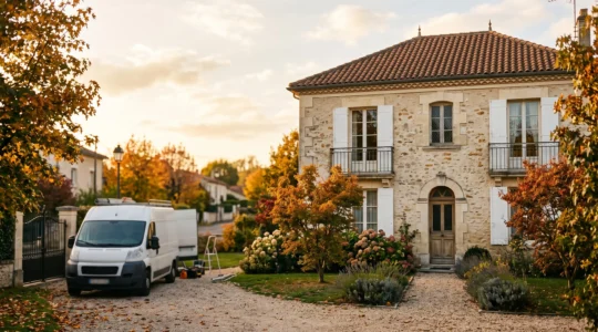 Maison individuelle française en fin d'après-midi d'automne, illustrant la préparation sereine du remplacement du système de chauffage avant l'hiver