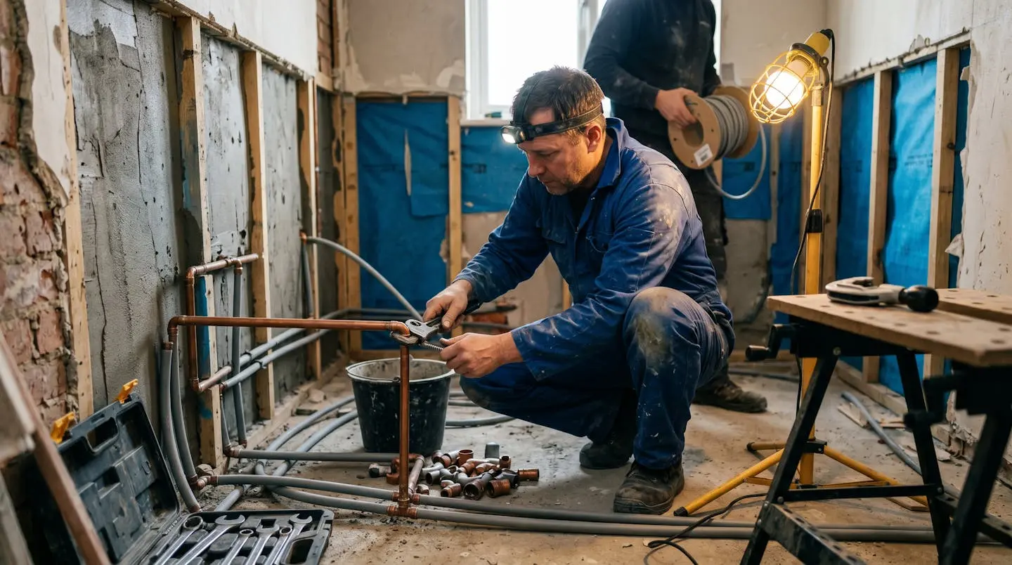 Plombier professionnel installant des canalisations dans une salle de bain en cours de rénovation