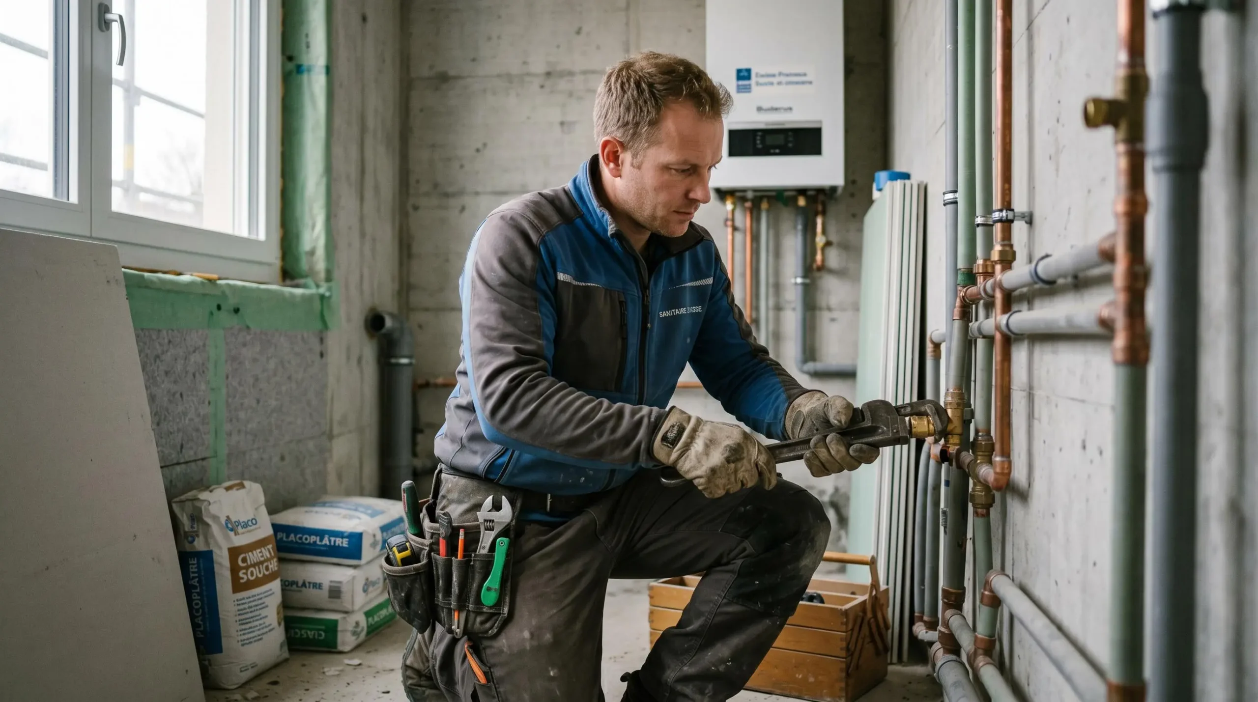 Plombier professionnel intervenant sur une installation de tuyauterie moderne dans un chantier de rénovation en Suisse, ajustant des raccords en cuivre avec des outils spécialisés