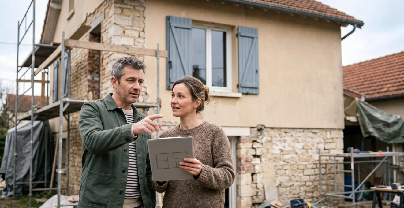Couple de propriétaires français examinant avec attention un chantier de rénovation pour anticiper les risques et bien s'assurer