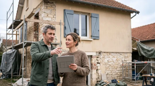 Couple de propriétaires français examinant avec attention un chantier de rénovation pour anticiper les risques et bien s'assurer