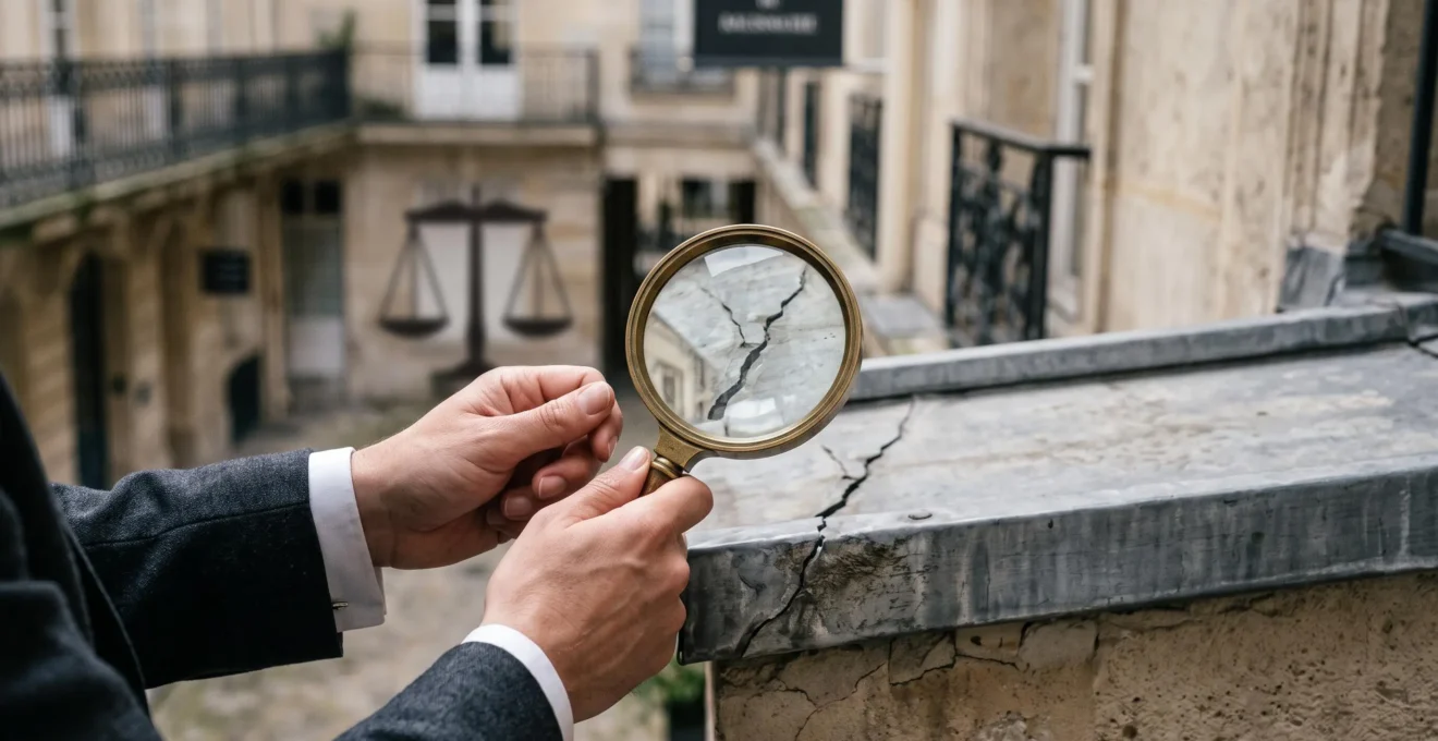 Photographie symbolique d'un constat de travaux réalisé par un commissaire de justice devant une façade française, illustrant la valeur juridique du procès-verbal.
