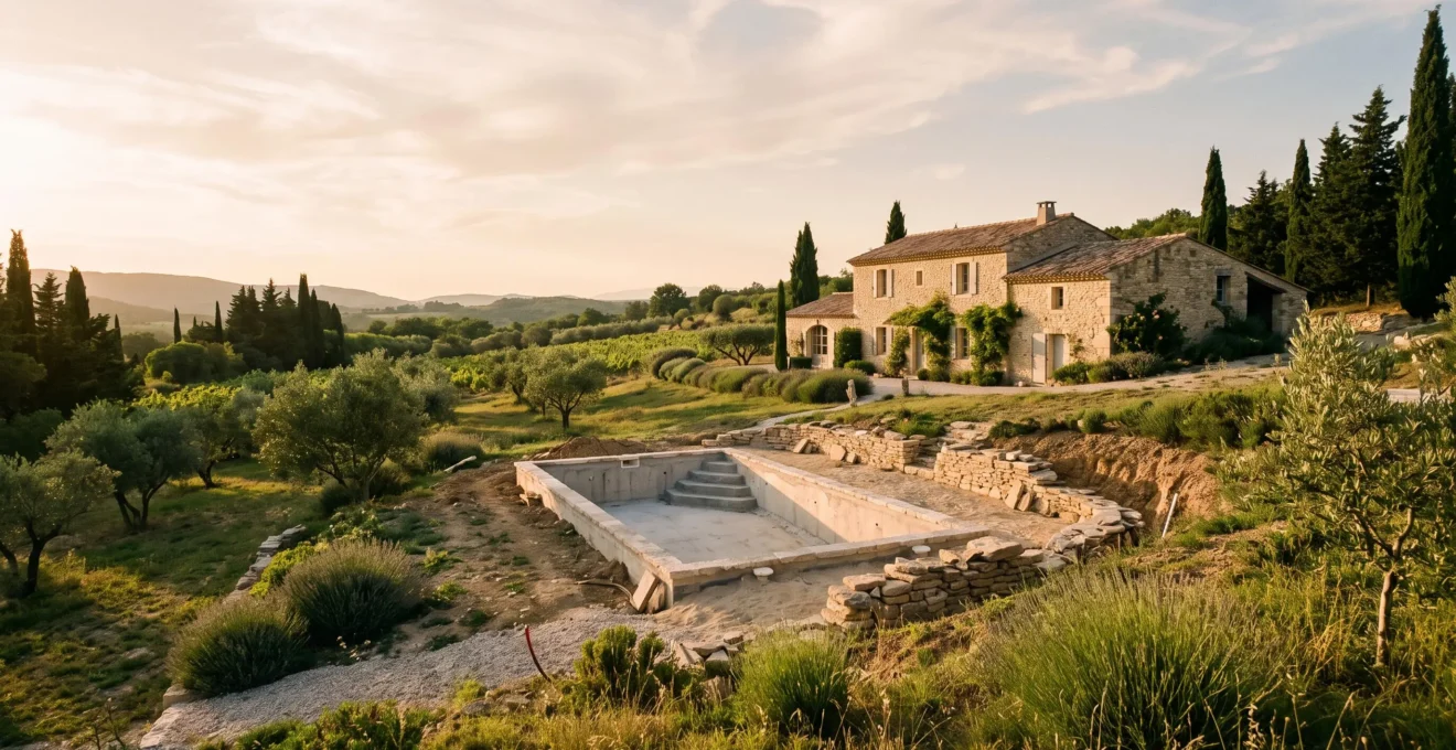 Vue aérienne d'un jardin français avec une piscine en construction entourée d'un terrain en pente et d'une maison en pierre