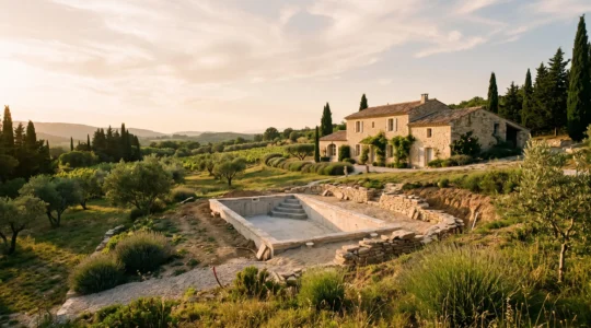Vue aérienne d'un jardin français avec une piscine en construction entourée d'un terrain en pente et d'une maison en pierre