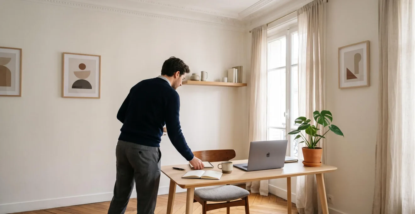 Coin bureau lumineux amenage dans un appartement francais avec moulures haussmanniennes et parquet en chevrons