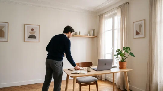 Coin bureau lumineux amenage dans un appartement francais avec moulures haussmanniennes et parquet en chevrons