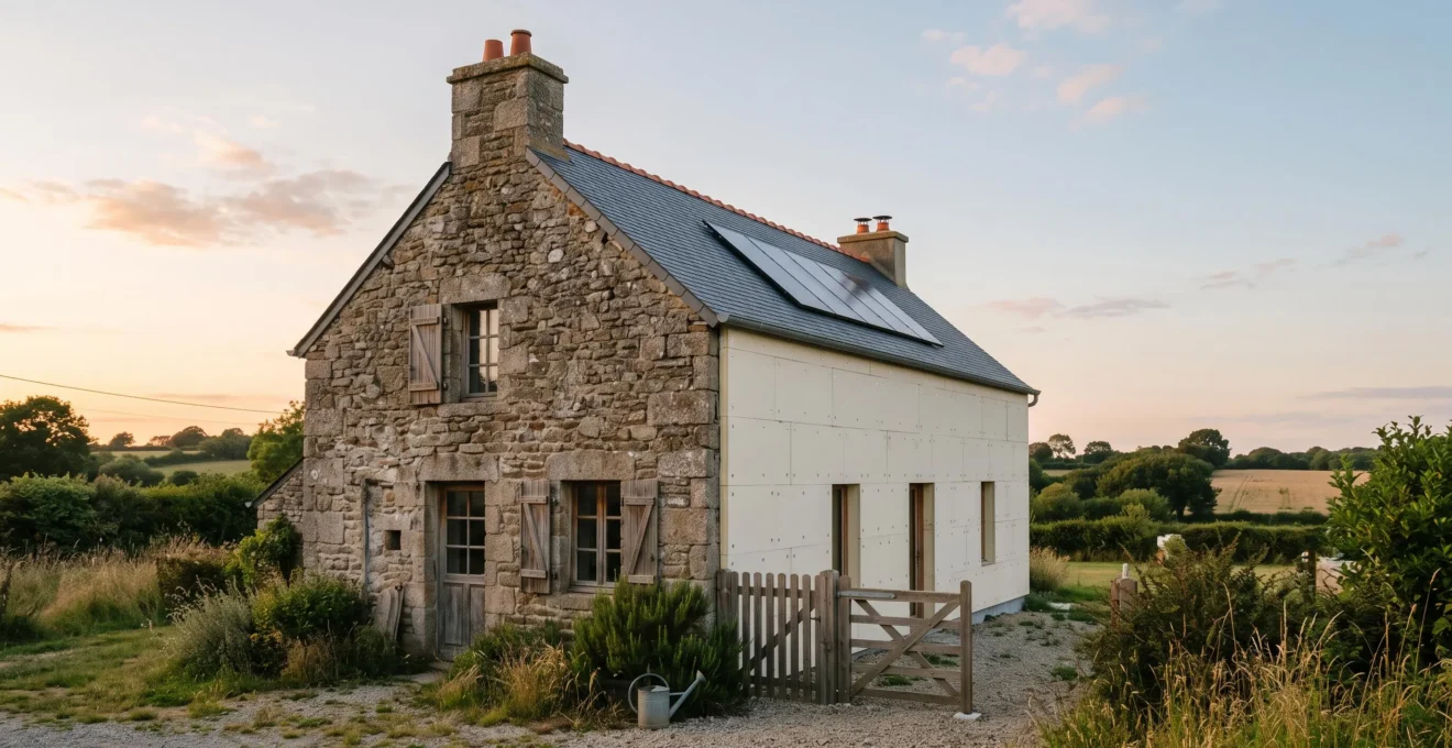 Maison française traditionnelle en cours de rénovation énergétique BBC, façade mi-isolée sous une lumière de fin de journée