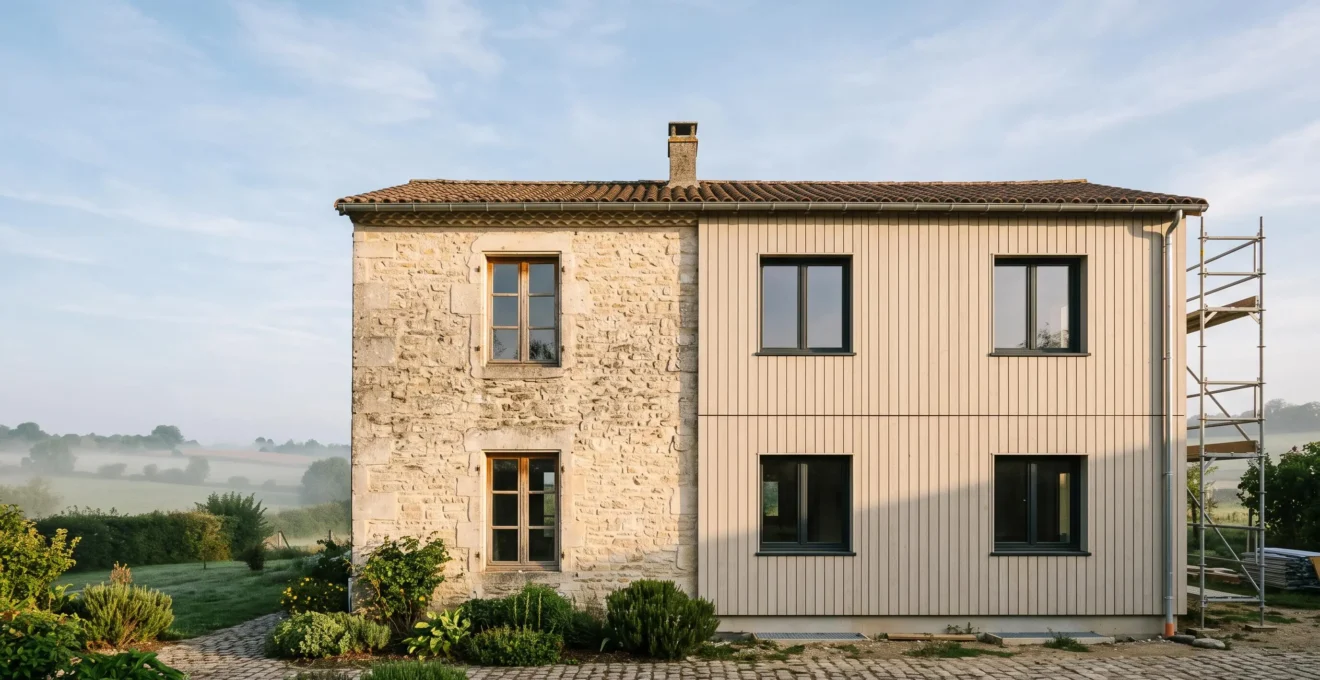 Maison de campagne française en cours de rénovation énergétique, alliant charme ancien et confort moderne