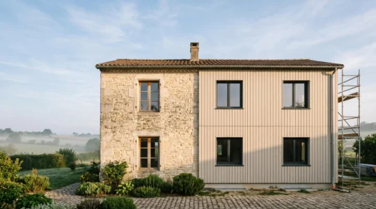 Maison de campagne française en cours de rénovation énergétique, alliant charme ancien et confort moderne