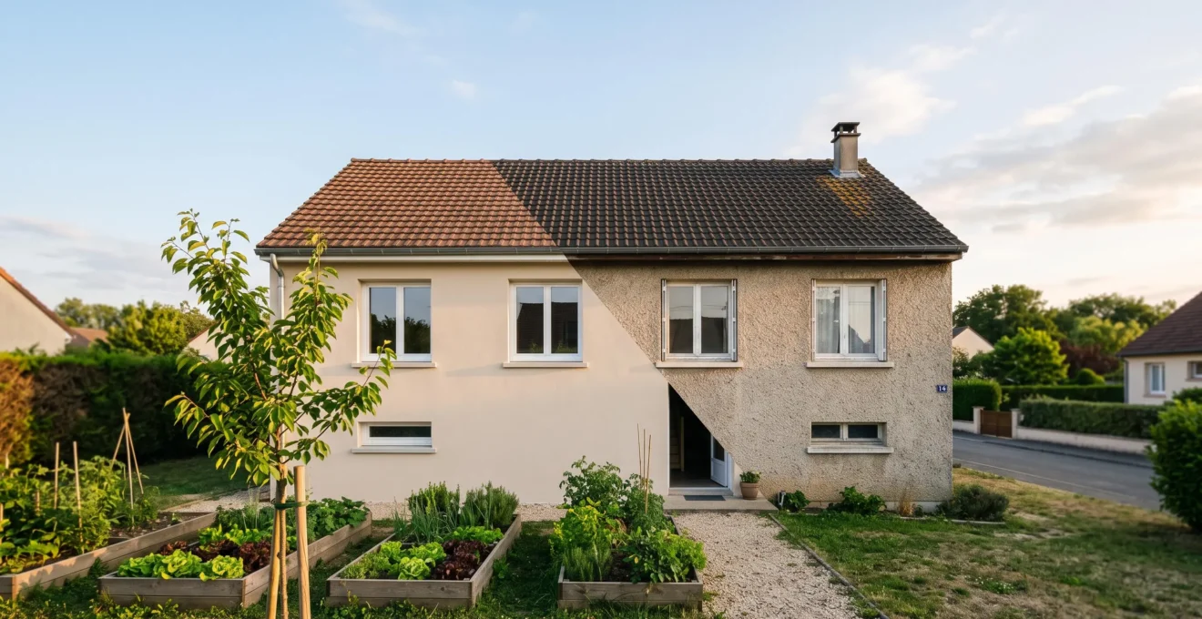 Maison familiale française en pierre et enduit, mi-rénovée, illustrant la transition vers un habitat bas carbone
