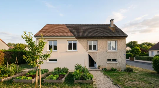 Maison familiale française en pierre et enduit, mi-rénovée, illustrant la transition vers un habitat bas carbone