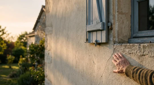 Lumière rasante révélant une fissure discrète sur la façade d'une maison française typique
