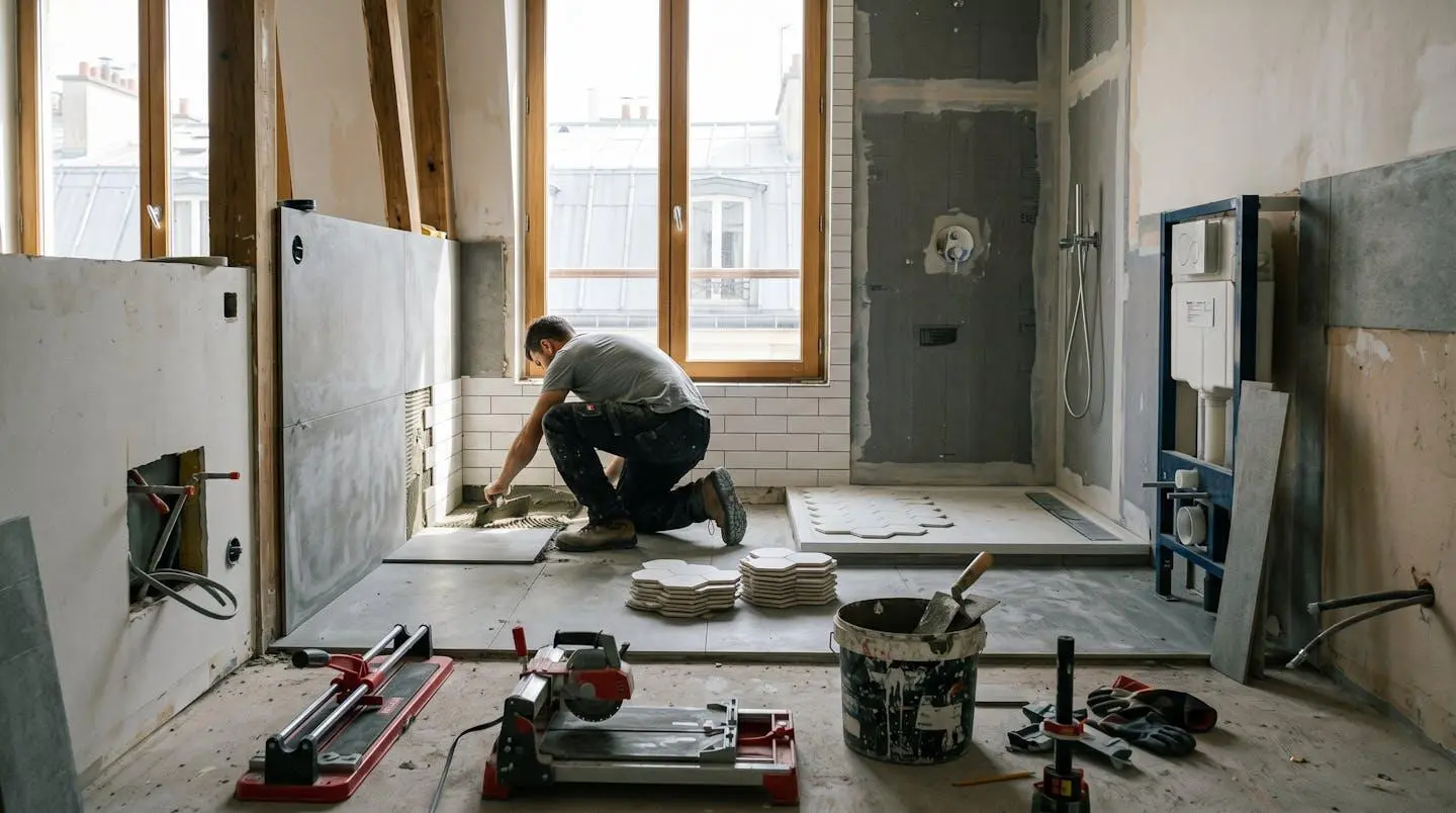 Salle de bain en cours de rénovation avec carrelage partiellement posé, outils d'artisan et douche italienne en installation
