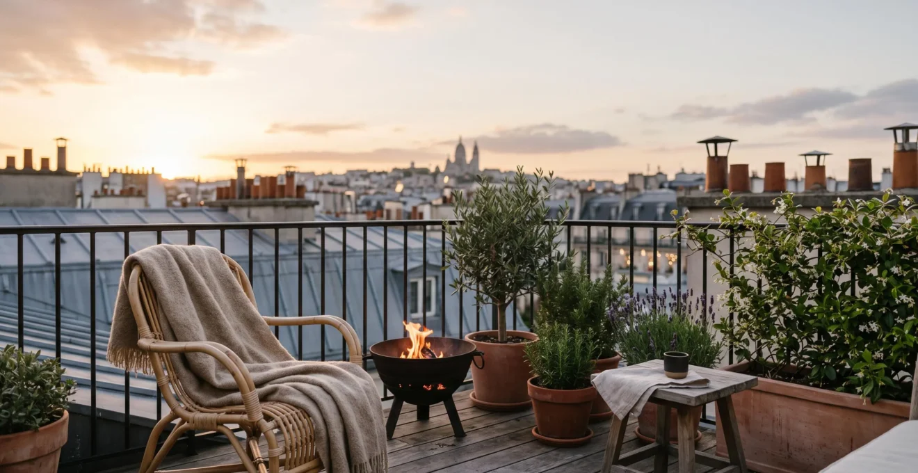 Terrasse parisienne aménagée avec plaid, brasero et plantes, prête à être utilisée toute l'année