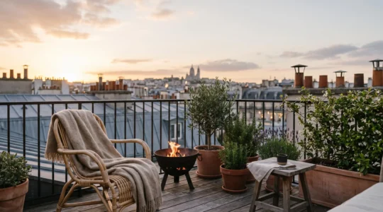Terrasse parisienne aménagée avec plaid, brasero et plantes, prête à être utilisée toute l'année
