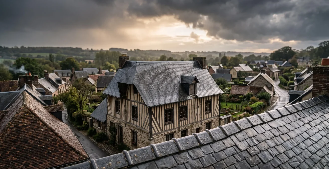 Toiture en ardoises d'une maison de charme française sous un ciel orageux, symbole d'une étanchéité durable