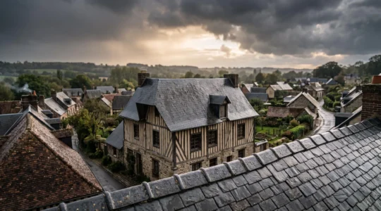 Toiture en ardoises d'une maison de charme française sous un ciel orageux, symbole d'une étanchéité durable