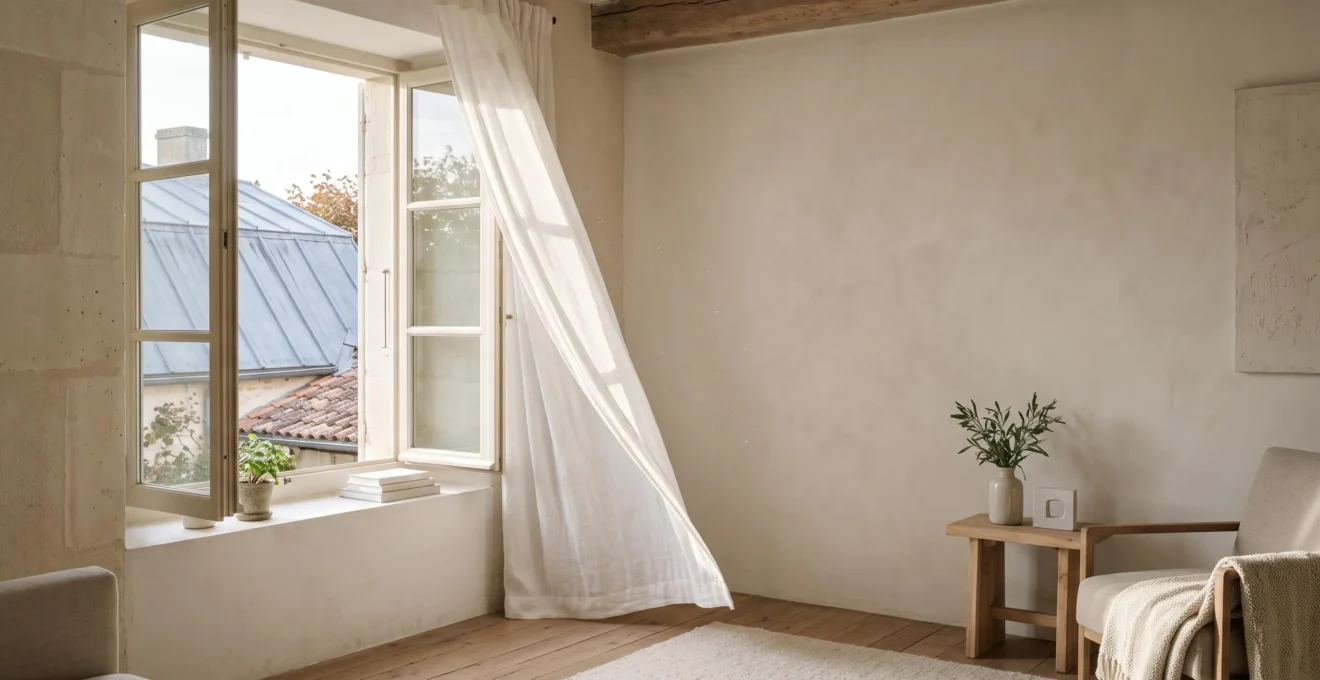 Intérieur lumineux d'une maison française avec une fenêtre grande ouverte laissant entrer l'air frais, symbole d'une ventilation saine toute l'année