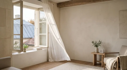 Intérieur lumineux d'une maison française avec une fenêtre grande ouverte laissant entrer l'air frais, symbole d'une ventilation saine toute l'année