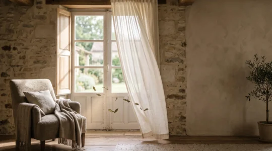 Interieur d'un salon francais baigne de lumiere douce, illustrant le renouvellement d'air invisible et silencieux d'une VMC performante